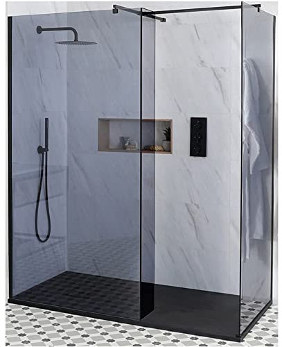 Milano Nero-Luna - Black Corner Frameless Wet Room Shower Enclosure with Smoked Glass Screens, Hinged Return Panel and Graphite Slate Effect Tray - 1100mm x 700mm