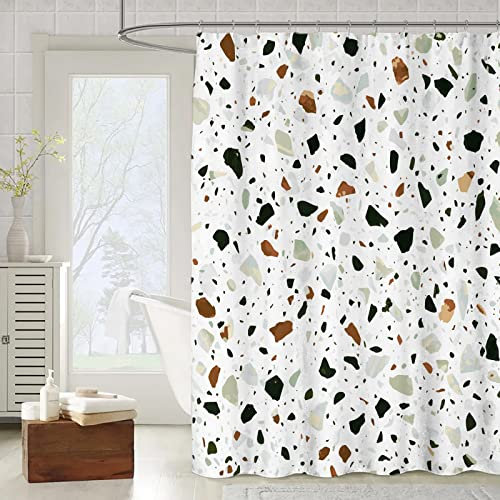 OCEUMACO 3D Motif Rideau de Douche Anti Moisissure Effet Marbre Terrazzo Imprimé Rideaux Baignoire Home Long Qualité Polyester Tissu Imperméable 180x200 cm Lavable Machine - Vert Beige