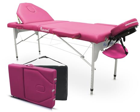QUIRUMED Table de Massage Pliante en Aluminium Pro, 186 x 66 cm, avec Dossier Pliant, Couleur Rose, Simili Cuir, Trou pour Le Visage, Appui-tête Amovible, Hauteur réglable, 2 Sections, jusqu'à 150 kg