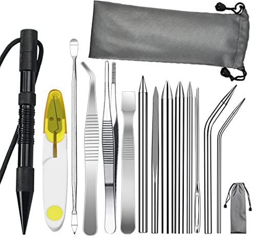 WANGCL Paracord-Nadel-Set, Paracord-Zubehör, mit Marlin-Spike und Verlängerungsmutter, Edelstahl-Schnürnadeln, Glättungswerkzeug, Knotter, Schwarz, 14-teilig