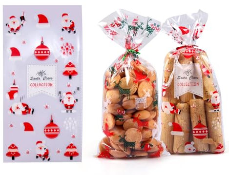 ihaspoko 100 Stück Geschenktüten für Weihnachten, Transparente Zellophantüten mit 200 Bindebändern für Süßigkeiten, Kekse und Süßigkeiten