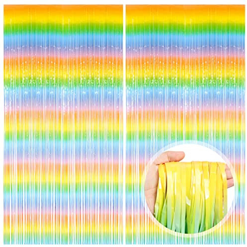 O-Kinee Lametta Vorhänge Bunt Regenbogen, 2 Stück Metallische Glitzervorhang Fringe 1m x 2m, Glitzer Tinsel Curtain, Folienfransen Vorhang für Weihnachtsbaum Geburtstage Festivals Party Bühnendekor