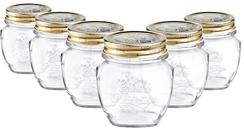 Bormioli Rocco Quattro Stagioni Glass Storage Jars - Traditional Kitchen Food Canister with Screw Top Lid - 300ml - Pack of 6