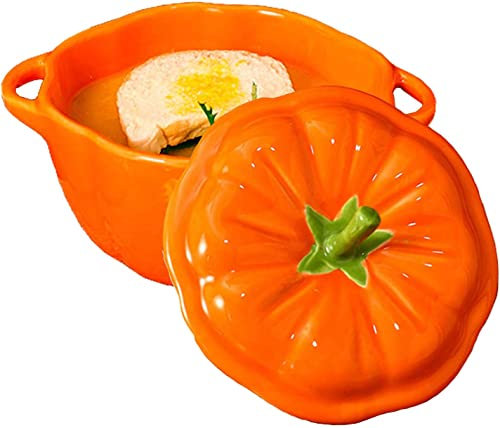 Ciotole for zuppa, ciotola for zuppa con manici e coperchio, ciotola for zuppa di cipolla in ceramica da 14 once, ciotola for cereali a forma di zucca in porcellana, adatta al microonde e al forno