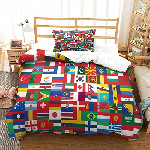 WAKAIP 3D World Countries Flag Duvet Cover Set Printed Bedding,Flag Icon Quilt Cover with Zipper Closure 3 Pieces Soft Comforter Cover,for Girls Boys Single（135x200cm）
