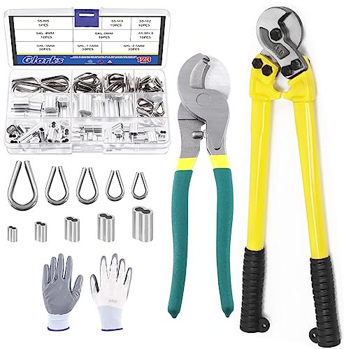 Glarks 118 Stück 45,7 cm robuster Drahtseilschneider und 25,4 cm Kabelschneider mit Aluminium-Crimpschlaufenhülsen, Drahtseilkauschen und Handschuhen, Sortiment Kit für Treppengeländer, Zäune