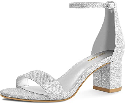 PIZZ ANNU Womens Sandals Mid Block Heel Ankle Strap Wedding Shoes for Bride Open Toe Ladies Sparkly Glitter Evening Party Silver-1 Size 7