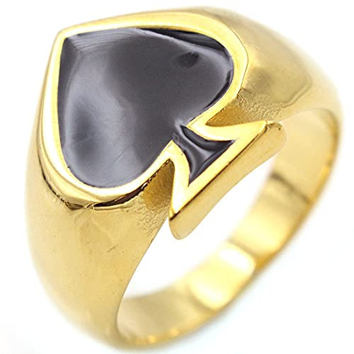 BCughia Trauringe Gold, Herren Ringe Rocker Titan Stahl Goldener Pokerring Pik Ass Versprechen Ringe Geschenk Größe 70 (22.3)