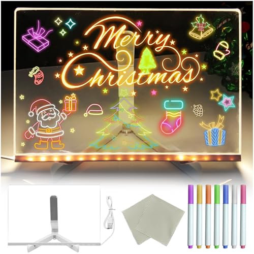 LED Notiztafel mit Farben,Acryl Notiztafel mit 7 Farben Stift - Mit Verstellbarem Ständer,Leuchtende Nachrichtentafel,Abwischbar Schreibtafel leuchtende Acryl,Zeichnung Frame(30 * 20CM)