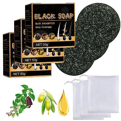 SENGHUI 50g Grau Glanz Seife,Grau Glanz Haar Revitalisierungsbar,GrauGlanz Schwarze Seife mit Netzbeutel,Grauabdeckung Haarshampoo (3Sets)