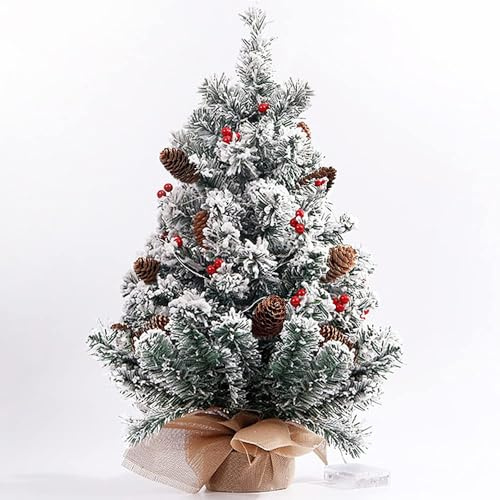Mini albero di Natale artificiale pre-illuminato da 50 cm, albero di Natale floccato con luci per la decorazione domestica