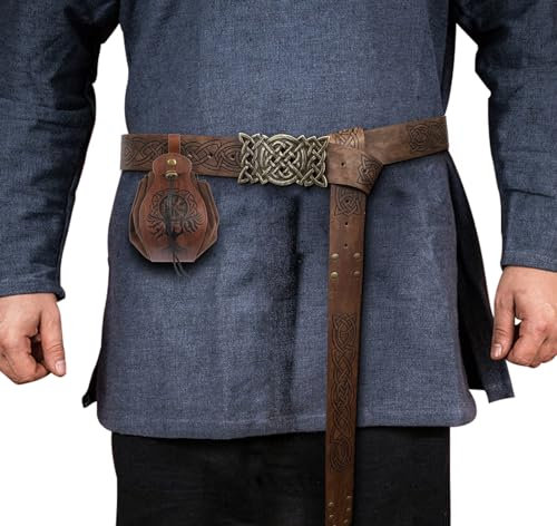 2er Mittelalter GüRtel + Mittelalterliche Kunstledertasche mit Kordelzug, Mittelalter Kleidung Herren Damen, Wikinger Kleidung Damen für Karneval, Cosplay, Zauberer, Hexe Kostüm Zubehör