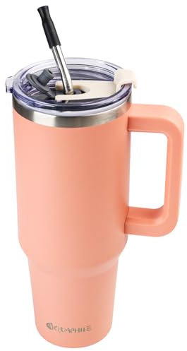 AQUAPHILE 40oz Tumbler with Handle, Double Walled Insulated Coffee Cup with Leak-Proof Lid and Straw, Stainless Steel Travel Mug for Hot or Cold Drinks(Peach Pink)