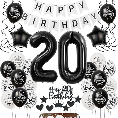 Luftballons 20 Geburtstag Dekoration frauen Mann Schwarz weiß, deko 20. Geburtstag frauen,Tortendeko 20 Geburtstag frauen ,Geburtstagsdeko 20 jahre Männer Schwarz Ballon 20. geburtstag frau
