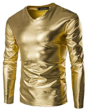 Herren Metallic Hemden, langärmelige glänzende Wet Look Tunika Oberteile für Clubwear, V-Ausschnitt solides Leder Party T-Shirt, schmal geschnittene, lässige Pullover für Tanz Disco-Nachtclub Kostüme