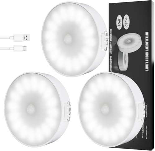Electight 3 Pièce Veilleuse à Induction, Veilleuse Détecteur de Mouvement | Rechargeable par USB/Adsorption Magnétique, 3 Modes, pour Armoires, Chambres, Escaliers, Cuisines, Couloirs
