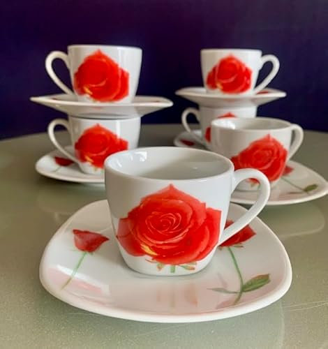 set 6 tazzine caffè porcellana con piatto decoro Rosa rossa, tazzina rotonda, piattino quadrato, linea classica