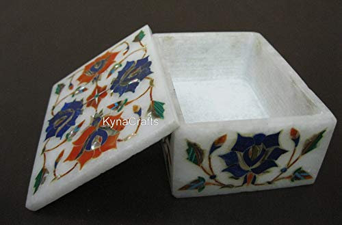 Indian Cottage Art and Crafts Schmuckkästchen, 10,2 x 7,6 cm, glänzende Edelsteine, rechteckige Form, weißer Marmor, Verlobungsring-Box