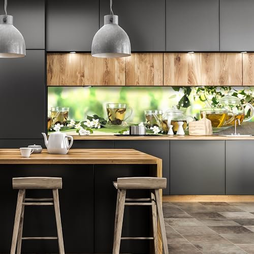 wandmotiv24 Küchenrückwand Tee Gläser Kanne Blüten Grün Blätter 180 x 60cm (B x H) - Selbstklebende PET-Folie Nischenrückwand, Spritzschutz, Fliesenspiegel-Ersatz, Deko Küche M1200