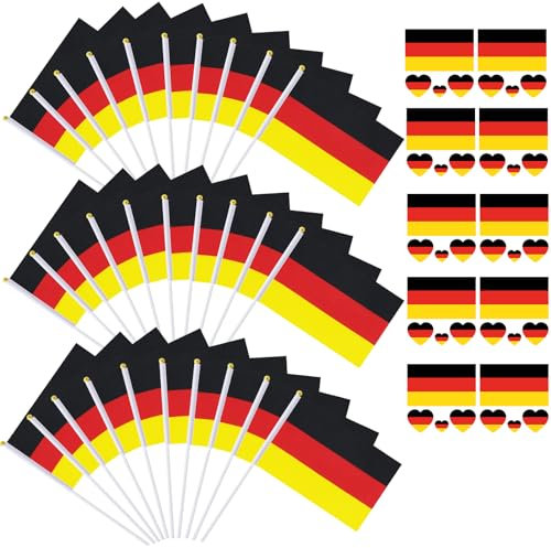 10 pacchetti di adesivi Germania e 30 pezzi bandiera della Germania piccola con asta per articolo per fan della Germania EM 2024 Germania adesivi tenuti a mano mini bandiera calcio EM 2024 decorazione