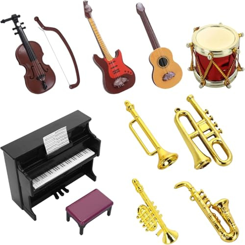 Sarini 11 pièces Instruments de Musique Miniatures pour Maison de poupée, modèle de Mini Instrument de Musique pour Maison de poupée, Accessoires électriques pour Violon et Piano 1:12 pour Mini Salle