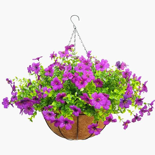 Hynbasea 12 Inches Artificial Violets Flowers with Hanging Basket Chain Flowers Plastic Plants for Garden and Indoor Decoration (Purple)