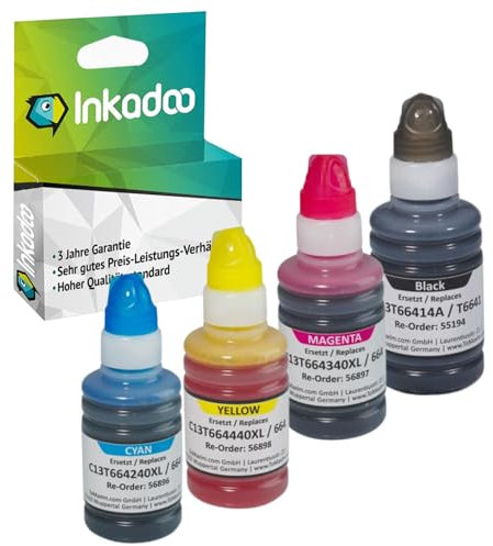 Inkadoo Tinte für C13T664640 / T664XL enthält 4X Tintenpatrone Multipack Kompatibel ET ITS L 3060, ET L 365, 485, 101, ca. 36.000 Seiten Tintenpatrone, Druckerpatrone, Patronen, Druckertinte