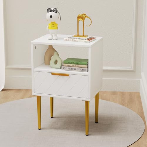 Lvhecforhm Table de Chevet, Table de Nuit en Bois, Petit Table de Chevet, Table d'appoint avec 1 Tiroirs Blanc, Table de Nuit avec Pieds Dorés, Moderne Tables Basses avec et Compartiment pour Salon