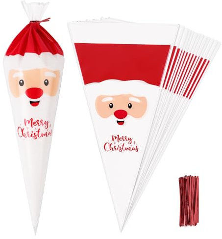 100 Stück 30x16cm Cone Tüten Weihnachtsmann mit Kabelbinder Weihnachten Süßigkeiten Tütchen Spitztüten Transparent Geschenktüten Cellophantüten für Candy Bar Schokolade Bonbons Popcorn