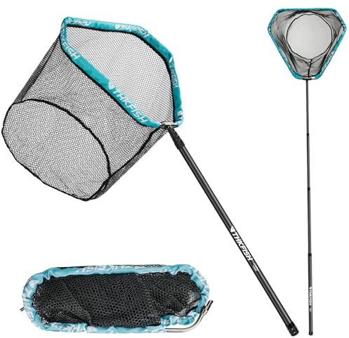 THKFISH 210CM Angelkescher, Setzkescher, Carbonfaser Fishing Kescher mit Langem Griff, Teleskop Angelkescher, Aluminiumrahmen Kescher Angeln Gummiert, Fischkescher, Unterfangkescher P02