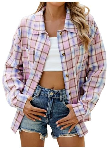 KBOPLEMQ Camicia da donna a quadri, a maniche lunghe, in cotone, con risvolto, per la primavera e l'autunno, a maniche lunghe, con risvolto, casual, a quadri, O viola, S