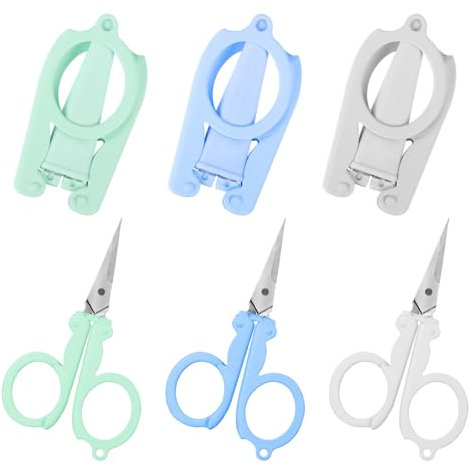 JJUNW 3 Stück Faltbare Schere, Tragbare Mini Schere, Klein Reiseschere Schere Edelstahl Handwerk Scheren mit Schutzhülle Taschenschere für Reisen Zuhause Büro Basteln Crafting DIY(grau+blau+grün)