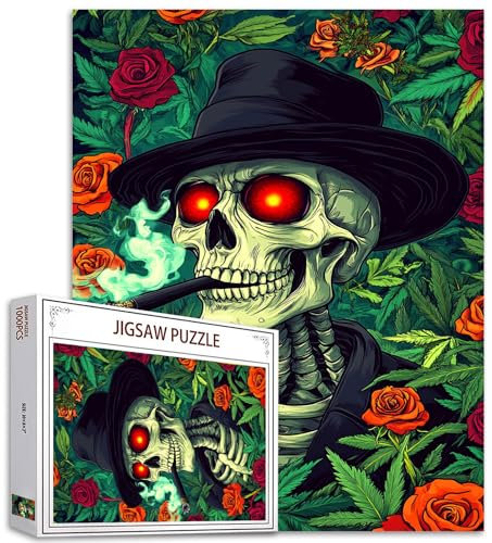 Tucocoo Skeleton Smoking Jigsaw Puzzle 1000 Pieces Puzzles for Adults, Green Garden Roses Skull Art Puzzles for Challenging Family Activity Games Colorful DIY Craft Puzzle for Home Wall Decor Gifts