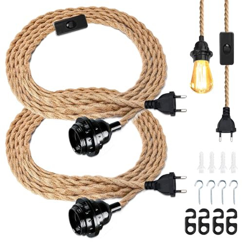 2 Pièces Lustre Corde de Chanvre, Lustre Corde 4.5 Mètres, Kit de Suspension Luminaire avec Douille E27 Interrupteur, Vintage DIY Lumière Pendante pour Industrielle, Bar, Maison, Lampe Créative