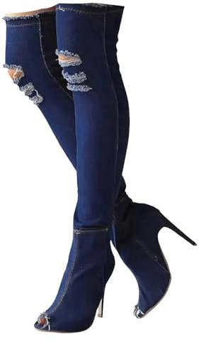 Stivali da donna con tacco a spillo sopra il ginocchio, stivali in denim sopra il ginocchio, stivali lunghi in denim con punta aperta, tacco alto in denim invecchiato, Blu scuro, 36.5 EU