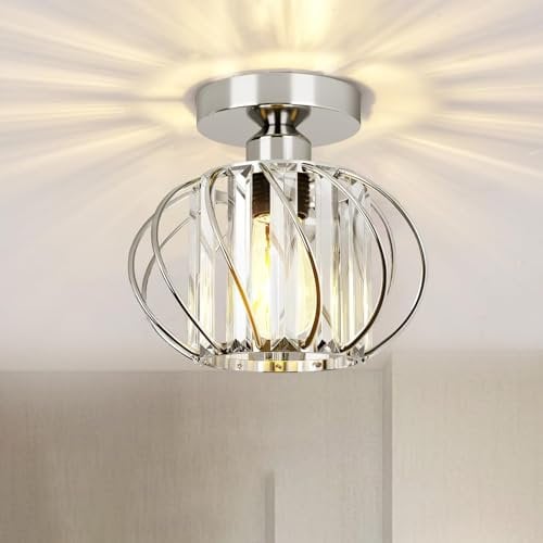 COOINJOY E27 Modern LED Crystal Chandeliers, Semi Flush Mount Ceiling Light Fitting for Kitchen, Hallway, Dining Room, Living Room, Chrome(Bulb not Included)