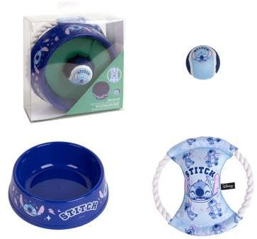 Offizielles Disney Stitch Hunde-Set | Inklusive Schüssel und Kauspielzeug | Geschenkset für Hunde | Blauer Futternapf | Geburtstagsspielzeug