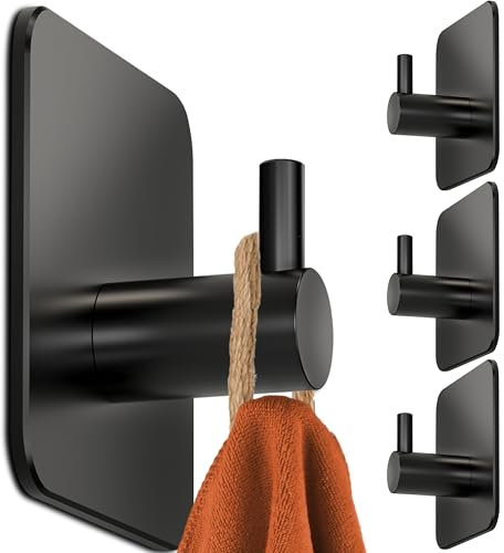4smile Ganci Adesivi, 4 pezzi Appendi Accappatoio Bagno, Acciaio inox, Porta Asciugamani Autoadesivo, Nero
