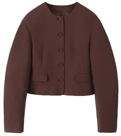 Vsadsau Einfarbiges 2-teiliges Outfit für Damen, Ballon-Typ, Rundhalsausschnitt, Kurzmantel, Tops und Minirock, Braunes Oberteil, M