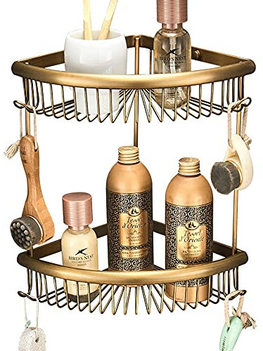Rostfreies Messing-Badezimmer-Caddy Eckregal mit Hakenhalter, Wandmontage, Aufbewahrungsnizer für Badzubehör, Antik-Bronze, Duschregal für 2-stöckige Duschkörbe
