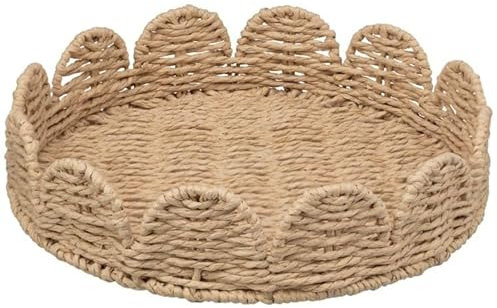 Bloom Neutral Scalloped Edge Round Serving Tray Decorative Scalloped Basket Tray for Coffee Table