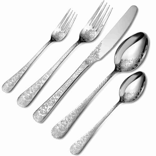 ZPSHYD Stainl Steel Silverware Set, Floral Engraved Cutlery Set for Home Kitchen, 20 Pcs Knife Fork Spoons Set, Stainl Steel Flatware Tableware