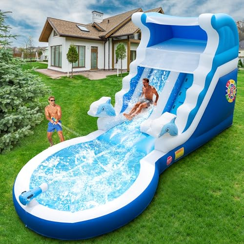 HXDOGSP Inflatable Water Slide Commercial Grade: Water Bounce House for Adults and Teenagers - Big Pool, Premium PVC, Wet & Dry, Blower Included - for Backyard Outdoor Birthday Party, Dolphin Style