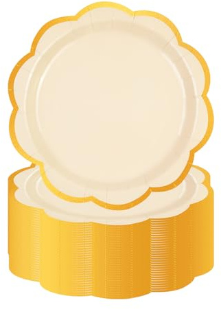 EVYIENEN 50 Pcs Ivory White Scalloped Paper Plates,9 Inches Gold Foil Disposable Paper Party Plates for Cake Dessert Birthday Wedding Baby Shower Party Decorations