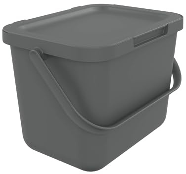 SUNDIS Loops, pattumiera per la raccolta differenziata 6L, rettangolare, in plastica riciclata grigia, con coperchio e manico, ideale per rifiuti organici, per cucina, mensa, ristorante, sala pausa