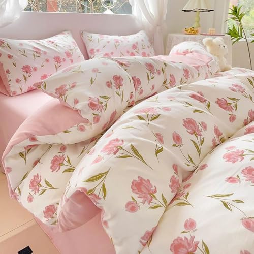 Nyescasa Duvet Cover Double Pink White Floral Flowers Botanical Meadow Reversible Bedding Set Pink Flower Print Microfibre Comforter Cover 200x200 cm with Zipper Closure and 2 Pillowcases 50x75 cm