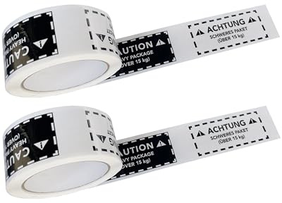 NietFullThings Paketband 2 Stück – „Achtung schweres Paket über 15 kg/Caution Heavy Package over 15 kg“ Klebeband weiß/schwarz, stabiles, leise abrollendes Verpackungsband 50 mm x 66 m
