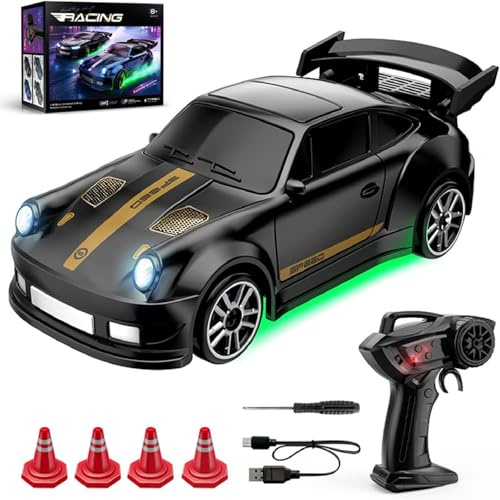 USMEI RC Drift Car, 1:64 Mini 4WD Ferngesteuerter Drift Car Auto mit Vollproportionalem Gas und Lenkung Und LED Leuchten, 15 km/h, Geschenk für Jungen ab 6 Jahren (Schwarz (E85))