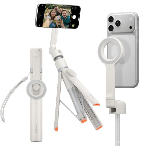 Spigen Selfie Stick für iPhone & Samsung [360° Drehbar Premium All in One], 166,5 cm Stativ mit MagSafe Magnetischer Halterung, [Bluetooth-Fernbedienung], für alle Smartphones -Dune Beige