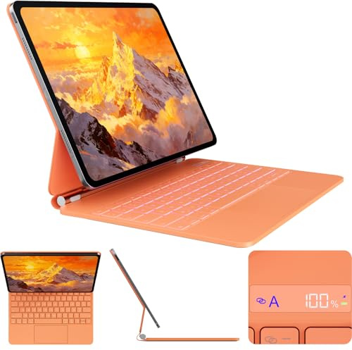 CSZZACME Clavier AZERTY Épuré pour iPad Air 13 Pouces M4/M3/M2 & iPad Pro 12,9 (6e/5e/4e/3e Gen) avec Trackpad Multitâche, Rétro-éclairage, Touches Raccourci, Fixation Magnétique, Orange